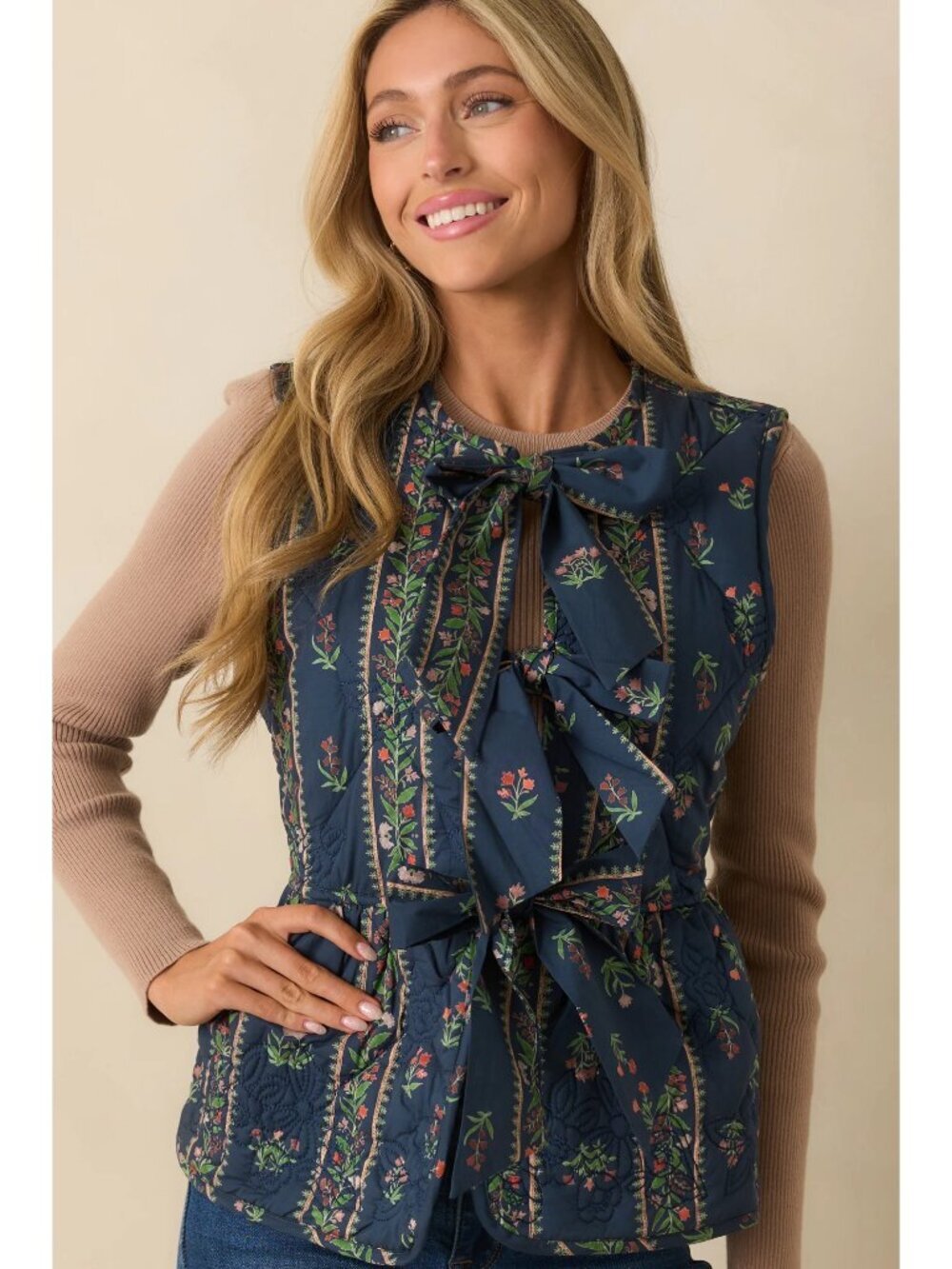 NWT Entro Navy Floral Printed Bow Tie Front Quilted Peplum Vest